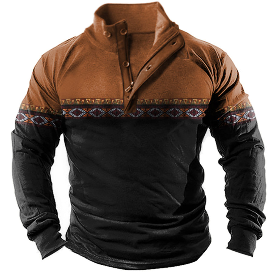 

Men's Aztec Print Stand Collar Long Sleeve T-Shirt