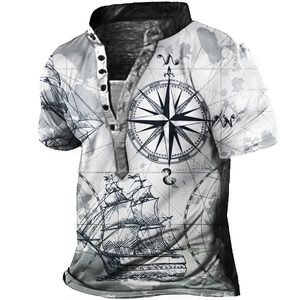 Plus Size Men's Vintage Nautical Map Print Henley Short Sleeve T-Shirt - Manlyhost.com 