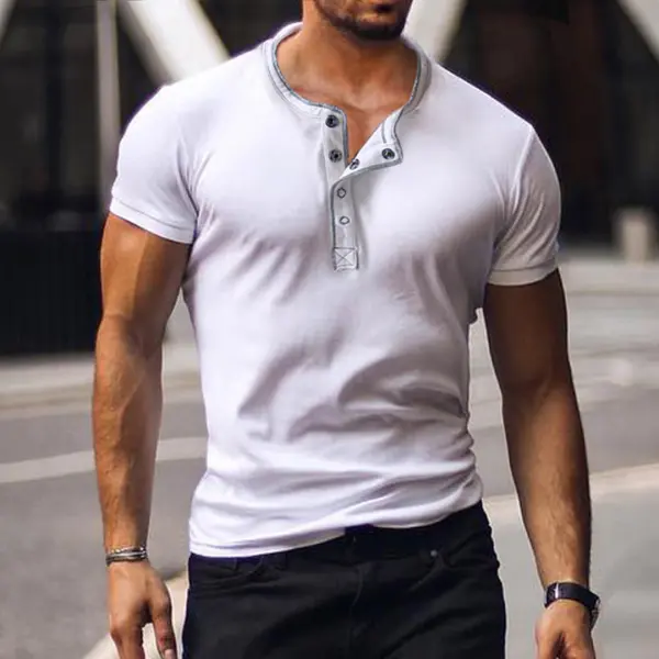 Men's Casual Breathable Vintage Henley Collar Cotton Short Sleeve T-Shirt - Nicheten.com 