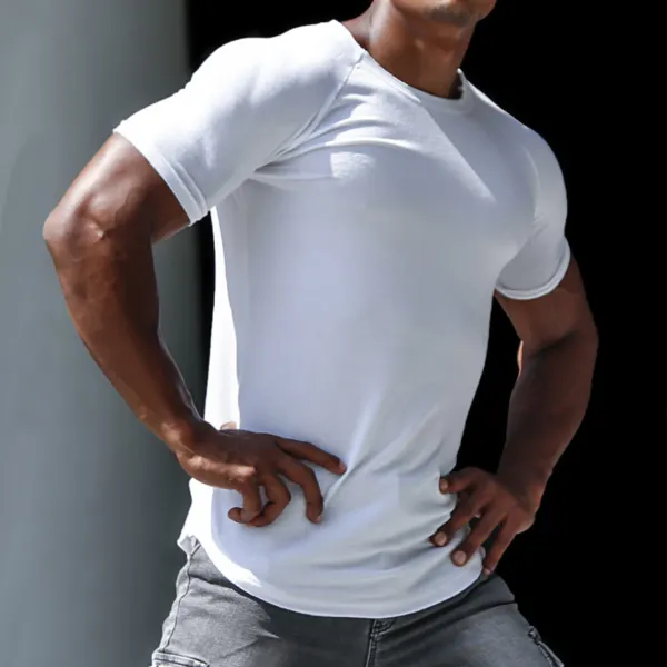 Men's Outdoor Casual Breathable Round Neck Cotton Short-sleeved Bottoming Shirt Sports Fitness Running Training Slim Tee - Mobilittle.com 
