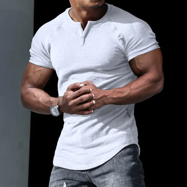 Men's Casual Slim Short-sleeved T-shirt Sports Fitness Running V-neck Top - Keymimi.com 
