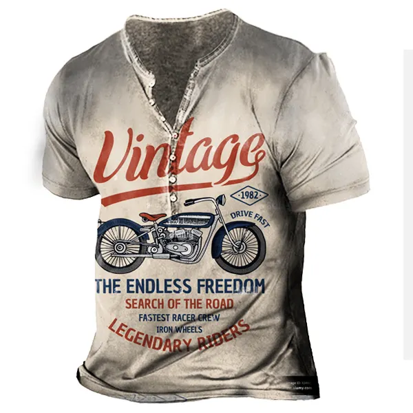 Vintage Motorcycle Racing Men's Print Henley Short Sleeve T-Shirt - Elementnice.com 