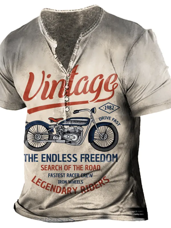 Vintage Motorcycle Racing Men's Print Henley Short Sleeve T-Shirt - Simplyion.com 