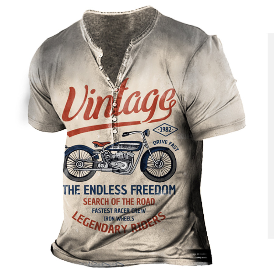 

Vintage Motorcycle Racing Men's Print Henley Short Sleeve T-Shirt