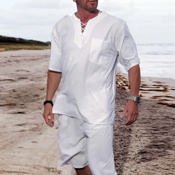 Men's Linen Casual Beach Breathable Lace-Up Tops Shirt - Kalesafe.com 