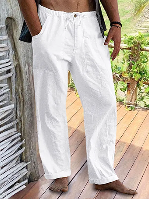 Men's Linen Elastic Waist Drawstring Pocket Loose Casual Pants - Menbarn.com 