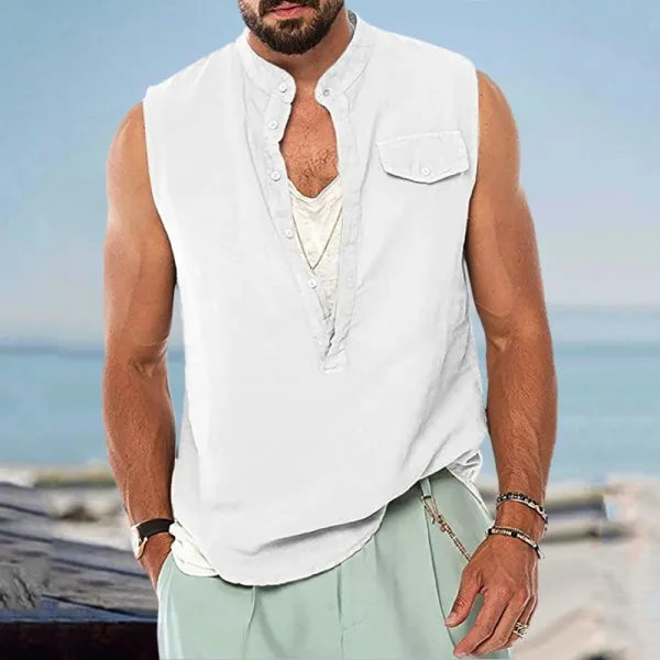 Men's Linen Vest Stand Collar Loose Sleeveless Vest Casual Shirt - Kalesafe.com 