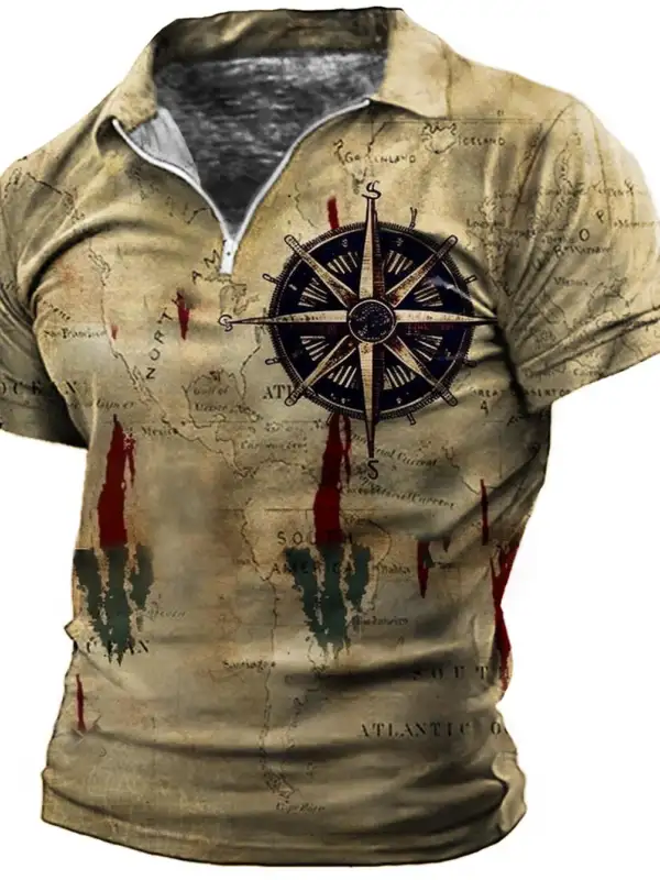 Plus Size Men's Vintage Nautical Map Compass Zip Polo T-Shirt - Pragmaace.com 
