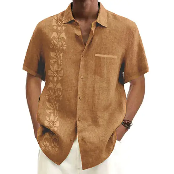 Mens Button Cotton Linen Casual Printed Short Sleeve Shirt - Wayrates.com 