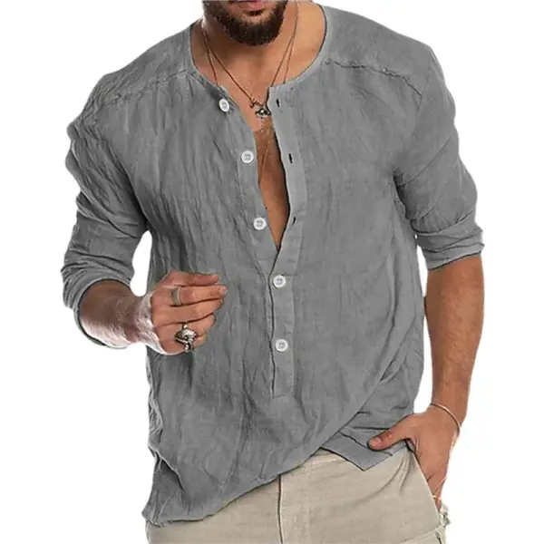 Men's Solid Color Casual Long Sleeve Cotton Linen Shirt - Kalesafe.com 