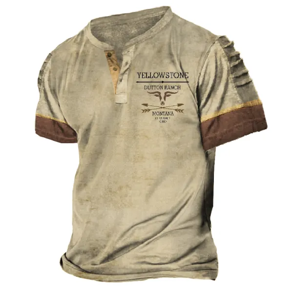 Men's Vintage Western Yellow Henley Collar Short Sleeve T-Shirt - Cotosen.com