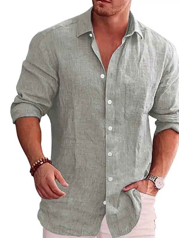 Men's Casual Loose Solid Color Casual Long Sleeve Shirt - Wantbright.com 
