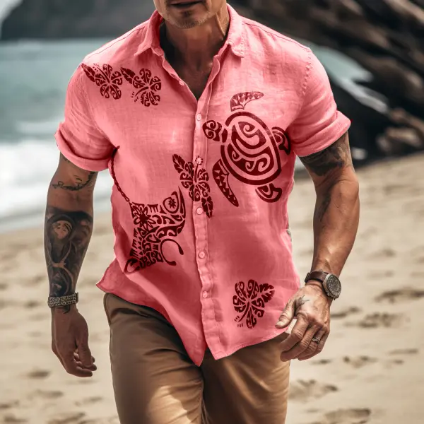 Men's Vintage Hawaiian Vacation Turtle Jellyfish Print Shirt - Albionstyle.com 