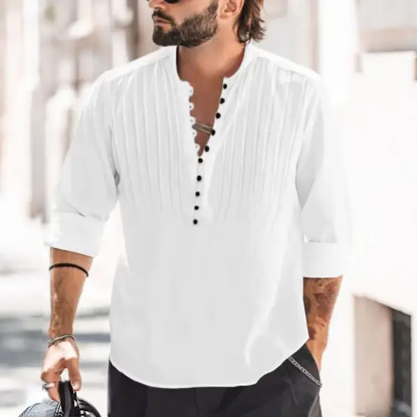 Men's Cotton Linen Casual Henley Long Sleeve Shirt - Bustalent.com 