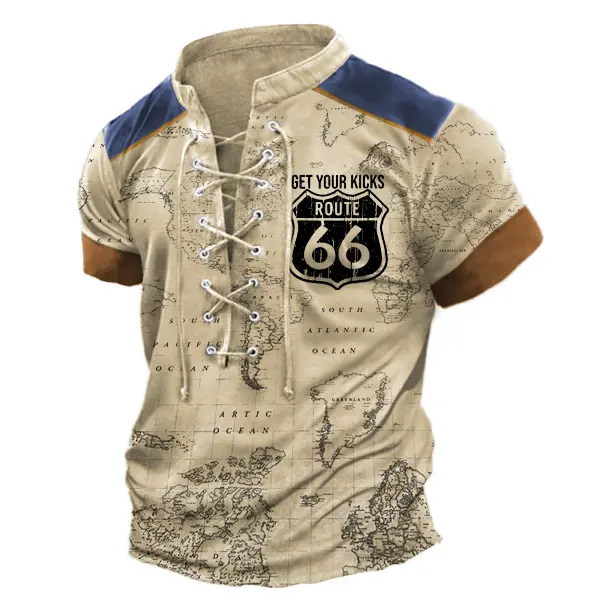 Men's Vintage World Map Route 66 Lace-Up Stand Collar T-Shirt - Elementnice.com 
