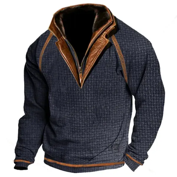 Men's Outdoor Casual Waffle Zip Polo Sweatshirt Double Layer Stand Collar Long Sleeve Vintage Contrast Tactical Pullover - Wayrates.com 