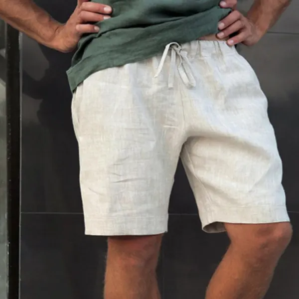 Men's Summer Loose Lace-Up Five-Point Pants Solid Color Linen Shorts - Wayrates.com 