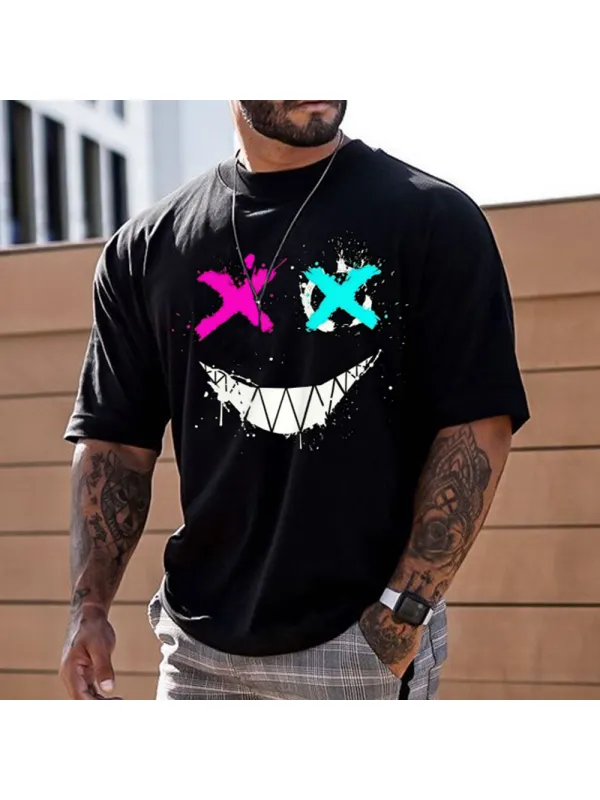 Men's Fashion Smiley Print Short Sleeve T-Shirt Casual Crew Neck Top - Aptkoi.com 