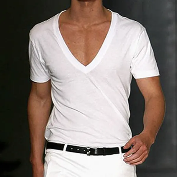 Men's Basic White Deep V-Neck Cotton Short Sleeve T-Shirt - Zivinfo.com 