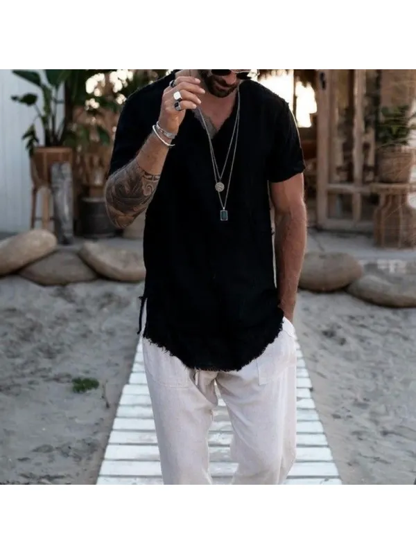 Men's Solid Color Cotton And Linen V Neck Casual Tee - Aptkoi.com 