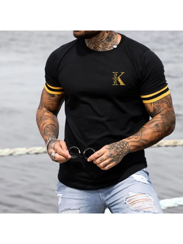 Men's Fashion K Print Color Matching Casual Slim Fit Short Sleeve T-Shirt - Aptkoi.com 