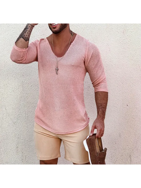 Men's Deep V Neck Breathable Linen Cotton Mid Sleeve T-Shirt - Aptkoi.com 