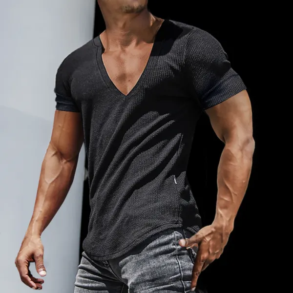 Men's Casual Slim Short Sleeve T-Shirt Sports Fitness Running V Neck Tops - Wayrates.com 