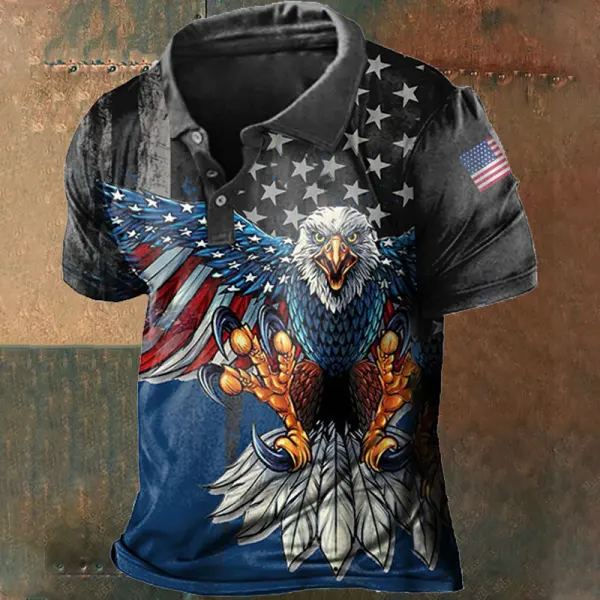 Vintage American Flag Liberty Eagle Print Men's Polo Short Sleeve T-Shirt - Dozenlive.com 