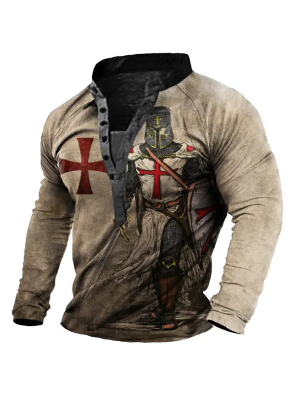 Men's Vintage Templar Cross Long Sleeve Henley T-Shirt - Aptkoi.com 