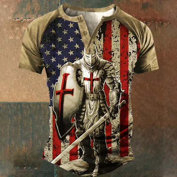 American Flag Templar Jesus Cross Vintage Print Henley T-Shirt - Wayrates.com 