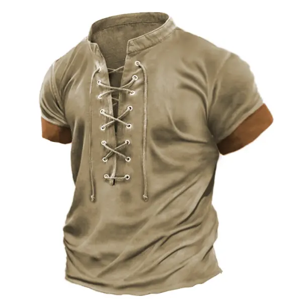 Plus Size Men's Vintage Lace Up Casual Colorblock Short Sleeve T-Shirt - Wayrates.com 