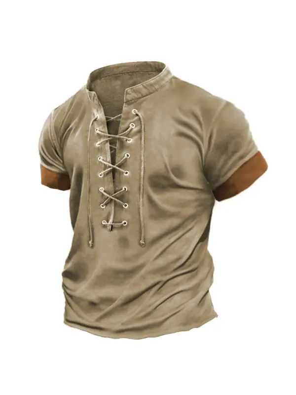 Plus Size Men's Vintage Lace Up Casual Colorblock Short Sleeve T-Shirt - Godeskplus.com 