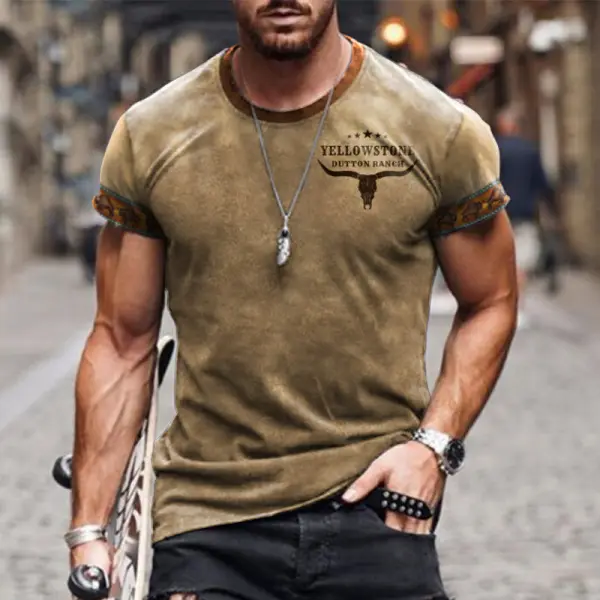Men's T-shirt Retro Western National Style Yellowstone Print Pattern Summer Short-sleeved Color Matching Round Neck Tee - Wayrates.com 