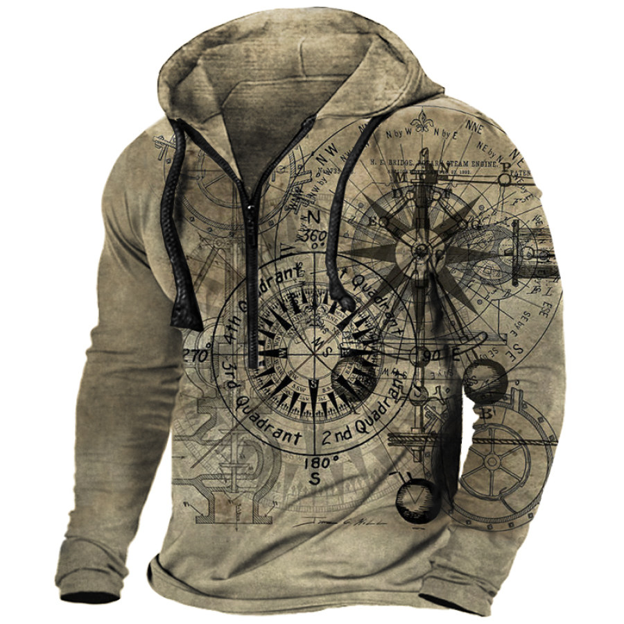 

Men's Vintage Wheel Print Zip Pocket Hoodie Sweatshirt