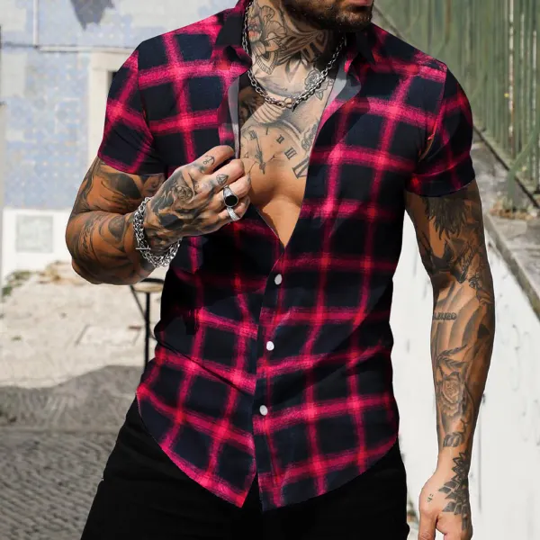 Men's Slim Fit Casual Check Shirt Short Sleeve Cardigan Top - Ootdyouth.com 