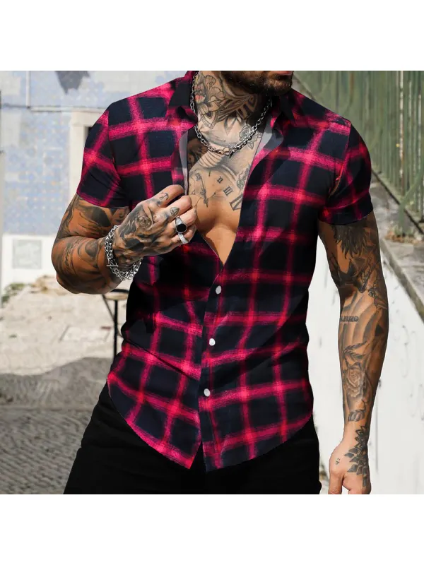 Men's Slim Fit Casual Check Shirt Short Sleeve Cardigan Top - Realyiyi.com 