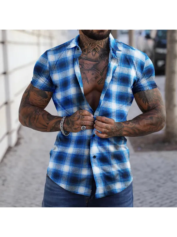 Men's Slim Fit Casual Check Shirt Short Sleeve Cardigan Top - Machoup.com 