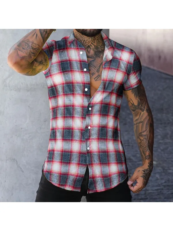 Men's Slim Fit Casual Check Shirt Short Sleeve Cardigan Top - Spiretime.com 