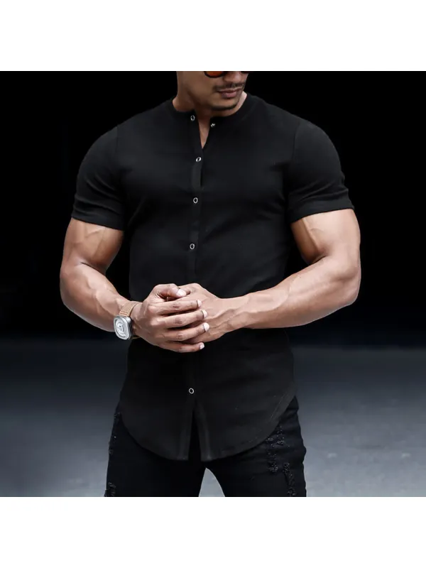 Men's Casual Slim Solid Color Short Sleeve Shirt Outdoor Fitness Sports Running Pure Cotton Stand Collar Cardigan - Realyiyi.com 