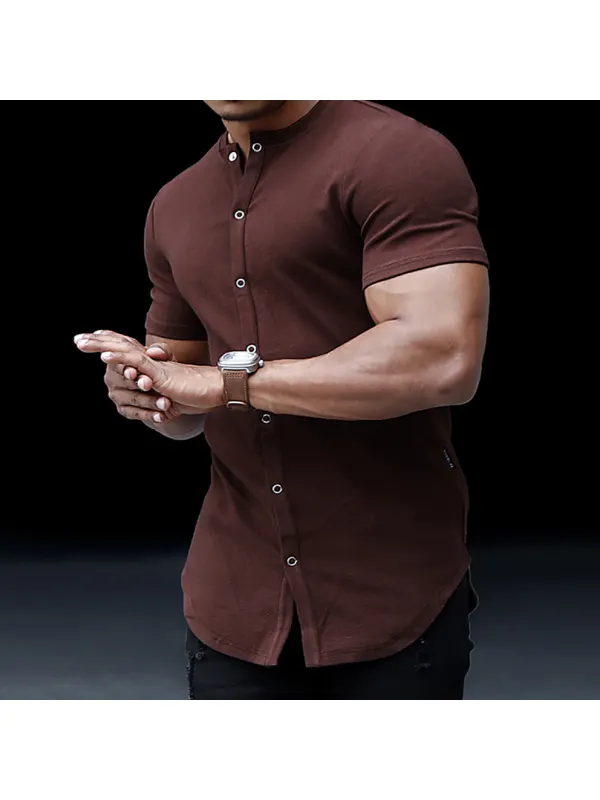 Men's Casual Slim Solid Color Short Sleeve Shirt Outdoor Fitness Sports Running Pure Cotton Stand Collar Cardigan - Machoup.com 