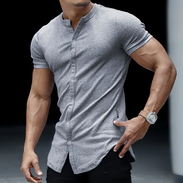 Men's Casual Slim Solid Color Short Sleeve Shirt Outdoor Fitness Sports Running Pure Cotton Stand Collar Cardigan - Nicheten.com 