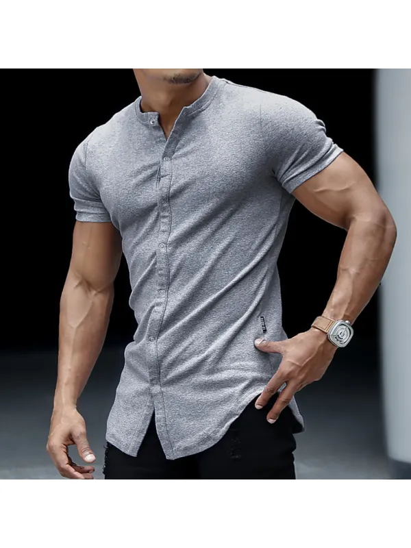 Men's Casual Slim Solid Color Short Sleeve Shirt Outdoor Fitness Sports Running Pure Cotton Stand Collar Cardigan - Viewbena.com 