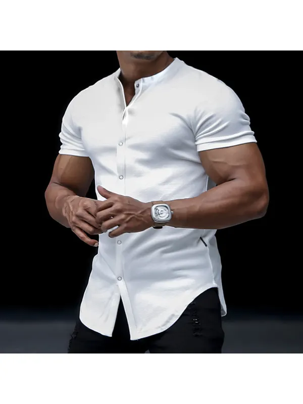 Men's Casual Slim Solid Color Short Sleeve Shirt Outdoor Fitness Sports Running Pure Cotton Stand Collar Cardigan - Cominbuy.com 