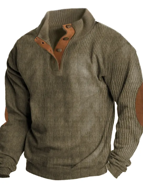 Cotosen Original Design Men's Corduroy Patchwork Color Block Casual Stand Collar Henley Sweatshirt   