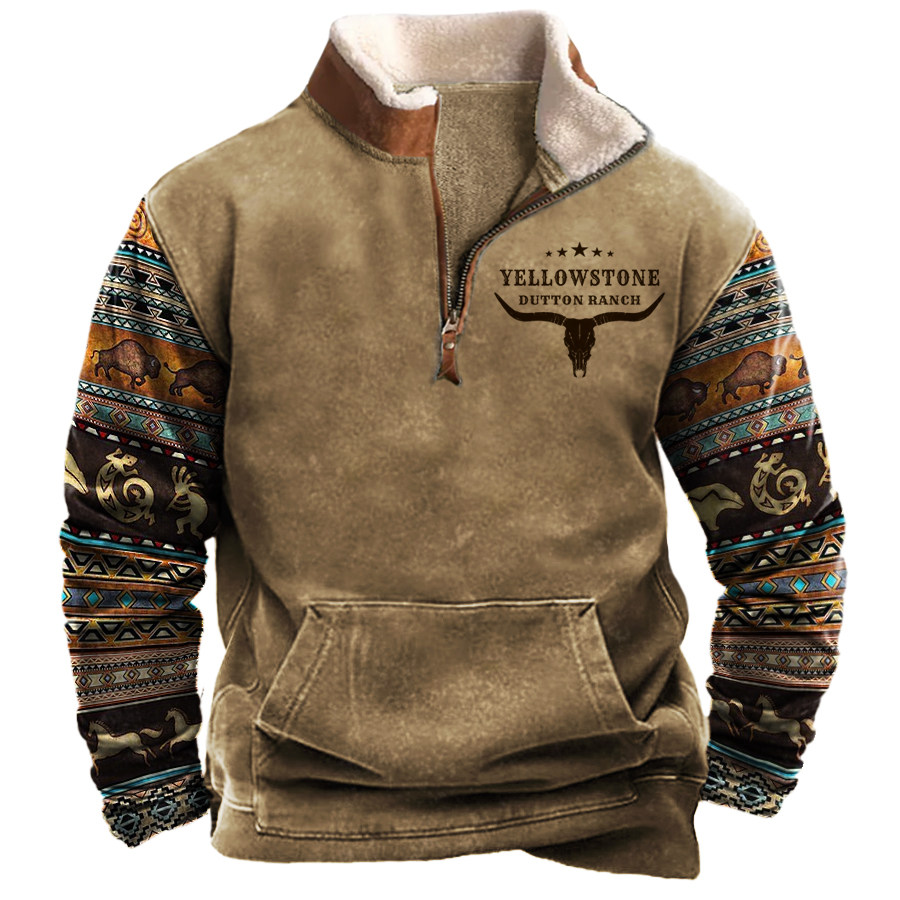 

Men's Vintage Western Yellowstone Colorblock Zipper Stand Collar Sweatshirt