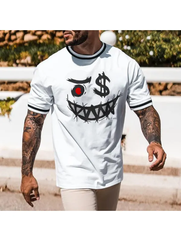 Smiley Face Print T-shirt Men's Casual Color Matching Short-sleeved T-shirt - Anrider.com 
