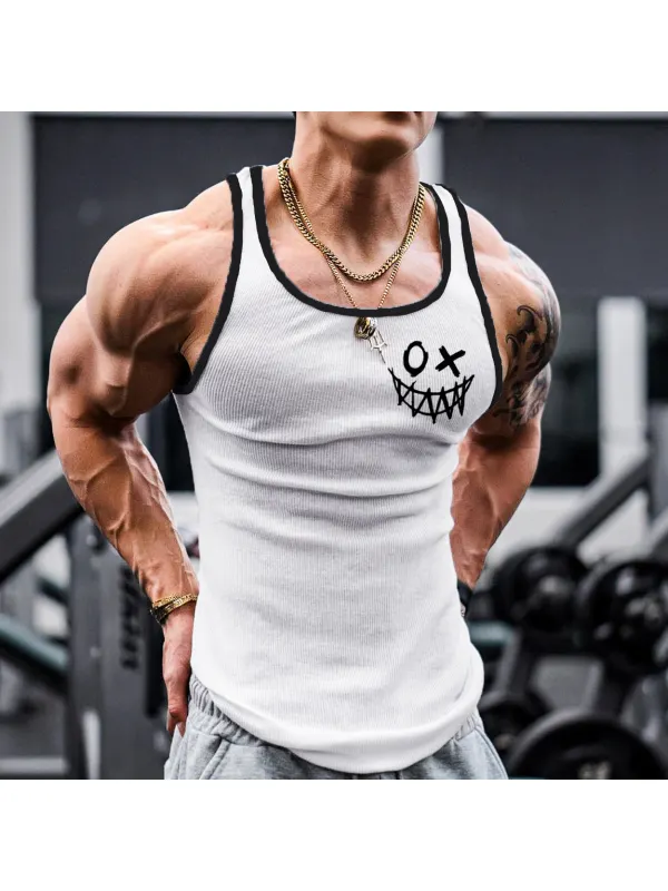 Men's Smiley Print Workout Sleeveless Tank Top - Ootdmw.com 