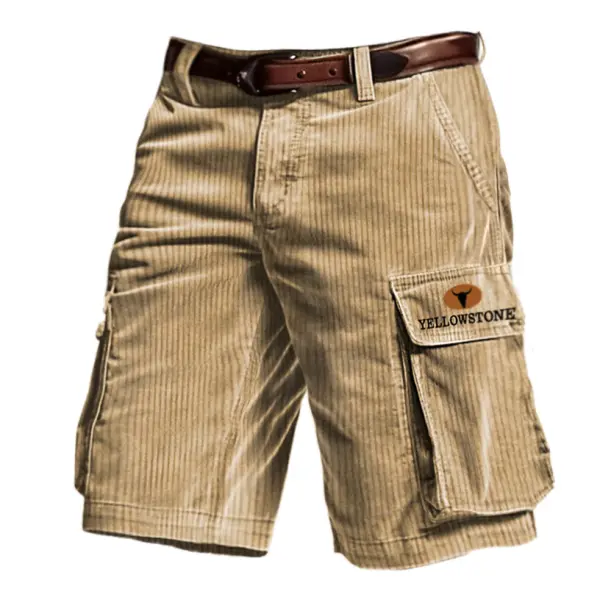 Men's Outdoor Vintage Yellowstone Print Corduroy Multi Pocket Shorts - Trisunshine.com 