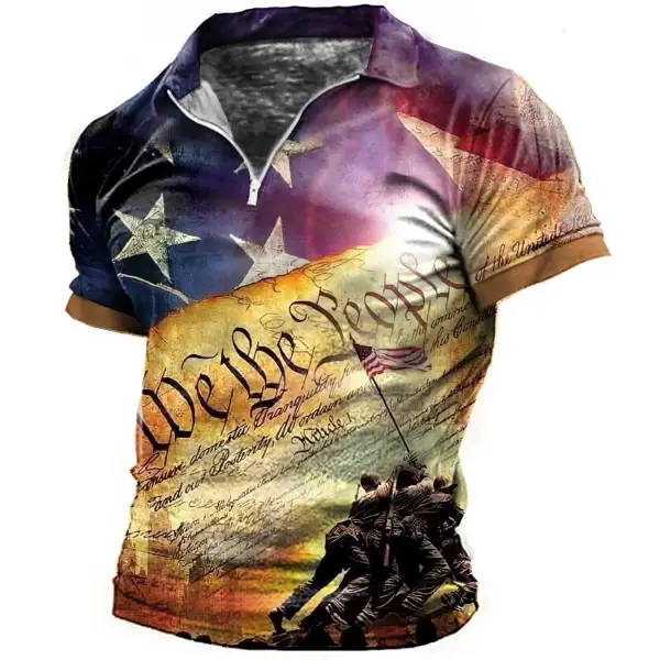 Men's Vintage American Flag Independence Day Zip Polo T-Shirt - Trisunshine.com 