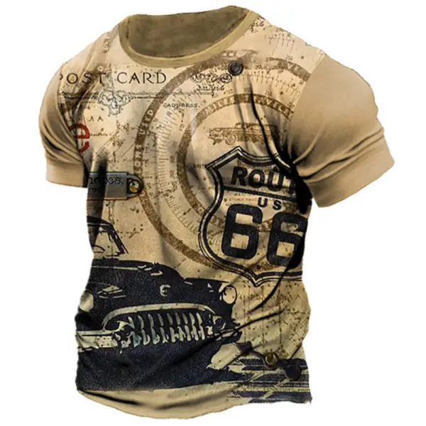 Men's Vintage Route 66 Print Short Sleeve T-Shirt - Trisunshine.com 